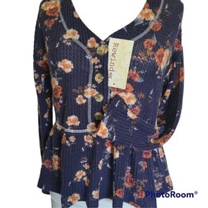 REWIND Navy Floral LS Peplum Top - NWT - S